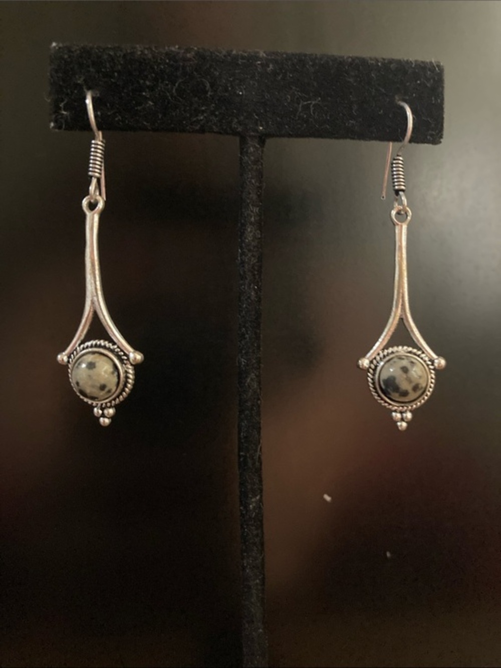 Dalmatian Jasper Drop Earrings in Silver Tone